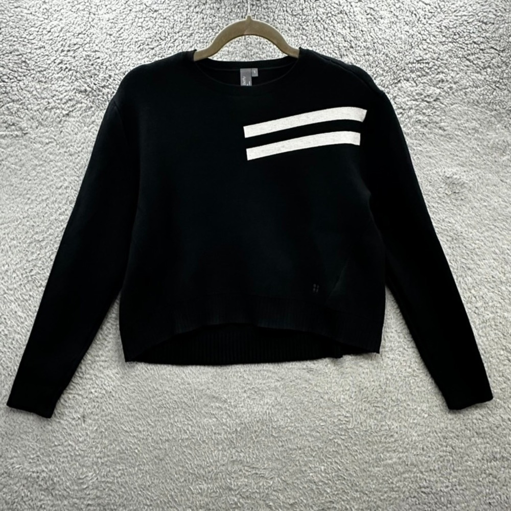 Sweaty Betty London Women's Small Black Cropped Crewneck Sweater White Stripe